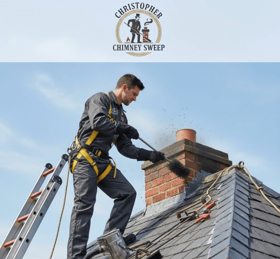 Professional chimney sweep working on a residential chimney in Dallas